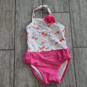 Janie and Jack baby girl pink & white summer halter top onepiece swimsuit 12-18M